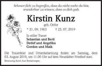 Traueranzeige von Kirstin Kunz (geb. Oethe)  von Magdeburger Volksstimme