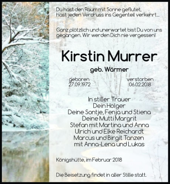 Traueranzeige von Kirstin Murrer (geb. Wörmer)  von Magdeburger Volksstimme