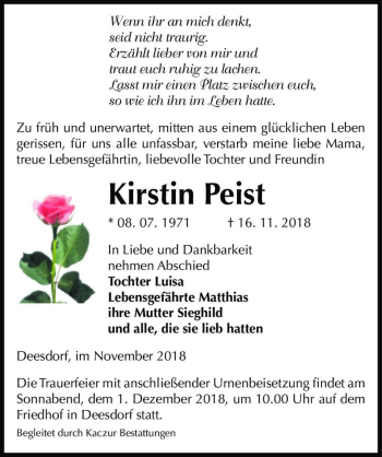 Traueranzeige von Kirstin Peist  von Magdeburger Volksstimme
