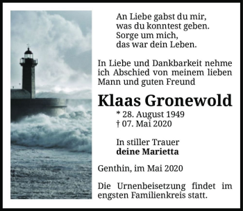 Traueranzeige von Klaas Gronewold  von Magdeburger Volksstimme