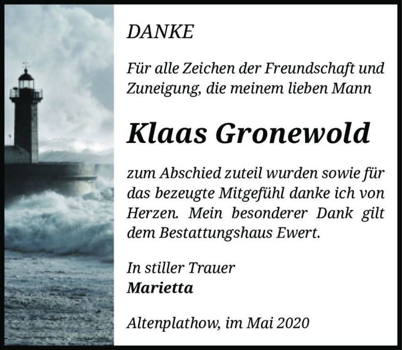  Traueranzeige für Klaas Gronewold  vom 06.06.2020 aus Magdeburger Volksstimme