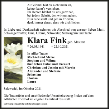 Traueranzeige von Klara Fink (geb. Masurat)  von Magdeburger Volksstimme