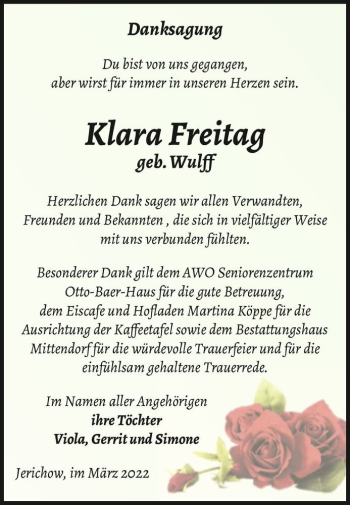 Traueranzeige von Klara Freitag (geb. Wulff)  von Magdeburger Volksstimme