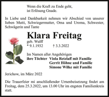 Traueranzeige von Klara Freitag (geb. Wulff)  von Magdeburger Volksstimme