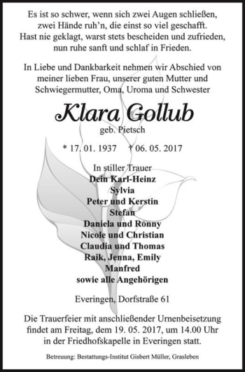 Traueranzeige von Klara Gollub (geb. Pietsch)  von Magdeburger Volksstimme