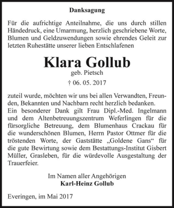 Traueranzeige von Klara Gollub (geb. Pietsch)  von Magdeburger Volksstimme