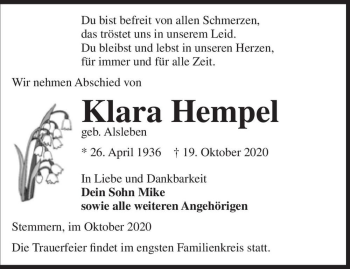 Traueranzeige von Klara Hempel (geb. Alsleben)  von Magdeburger Volksstimme