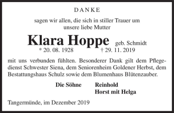 Traueranzeige von Klara Hoppe (geb. Schmidt)  von Magdeburger Volksstimme