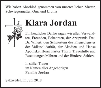 Traueranzeige von Klara Jordan  von Magdeburger Volksstimme