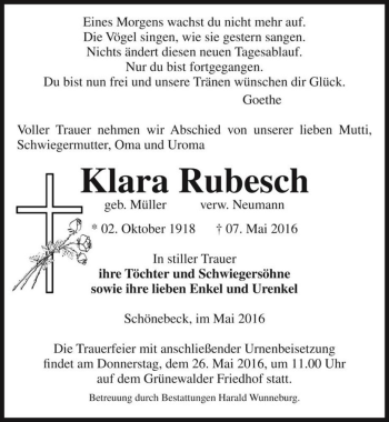 Traueranzeige von Klara Rubesch (geb. Müller, verw. Neumann)  von Magdeburger Volksstimme