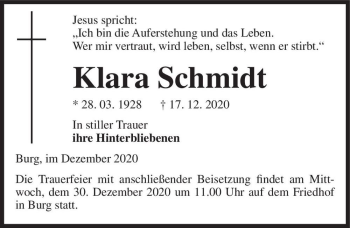 Traueranzeige von Klara Schmidt  von Magdeburger Volksstimme