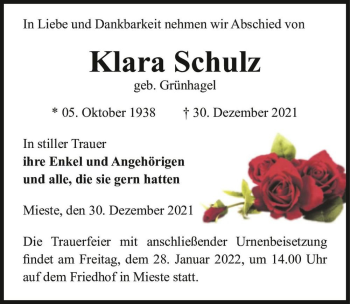 Traueranzeige von Klara Schulz (geb. Grünhagel)  von Magdeburger Volksstimme