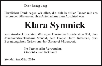 Traueranzeige von Klara Symnick  von Magdeburger Volksstimme