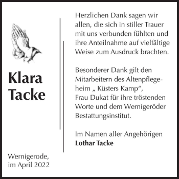 Traueranzeige von Klara Tacke  von Magdeburger Volksstimme