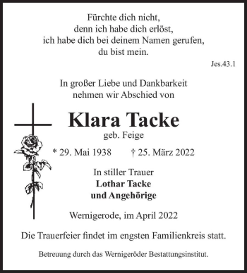 Traueranzeige von Klara Tacke (geb. Feige)  von Magdeburger Volksstimme