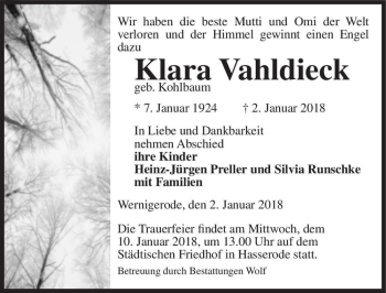 Traueranzeige von Klara Vahldieck (geb. Kohlbaum)  von Magdeburger Volksstimme
