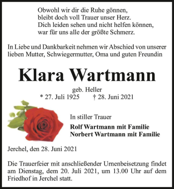 Traueranzeige von Klara Wartmann (geb. Heller)  von Magdeburger Volksstimme
