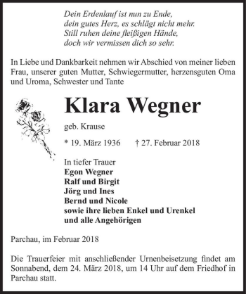 Traueranzeige von Klara Wegner (geb. Krause)  von Magdeburger Volksstimme