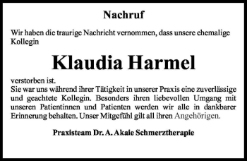 Traueranzeige von Klaudia Harmel  von Magdeburger Volksstimme