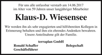 Traueranzeige von Klaus-D. Wiesensee  von Magdeburger Volksstimme
