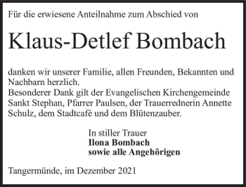 Traueranzeige von Klaus-Detlef Bombach  von Magdeburger Volksstimme