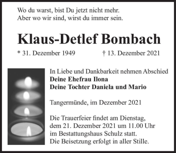 Traueranzeige von Klaus-Detlef Bombach  von Magdeburger Volksstimme