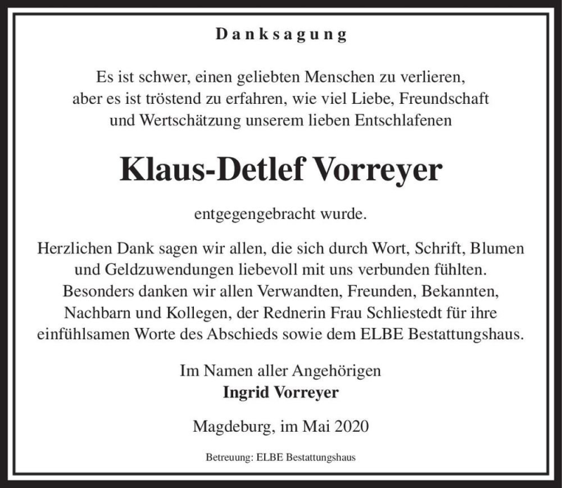  Traueranzeige für Klaus-Detlef Vorreyer  vom 09.05.2020 aus Magdeburger Volksstimme