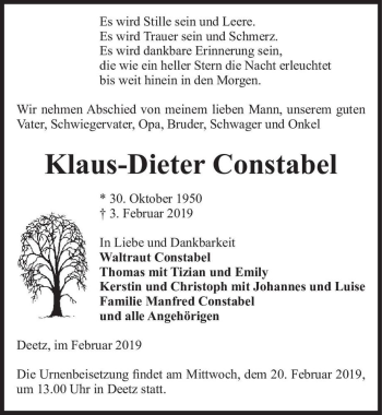 Traueranzeige von Klaus-Dienter Constabel  von Magdeburger Volksstimme