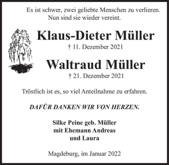 Traueranzeige von Klaus-Dieter & Waltraud Müller  von Magdeburger Volksstimme