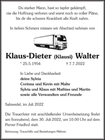Traueranzeige von Klaus-Dieter (Klausi) Walter  von Magdeburger Volksstimme