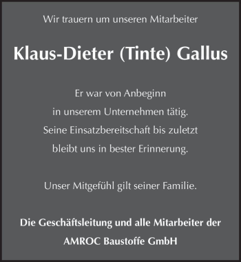 Traueranzeige von Klaus-Dieter (Tinte) Gallus  von Magdeburger Volksstimme