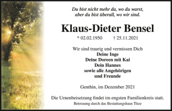 Traueranzeige von Klaus-Dieter Bensel  von Magdeburger Volksstimme