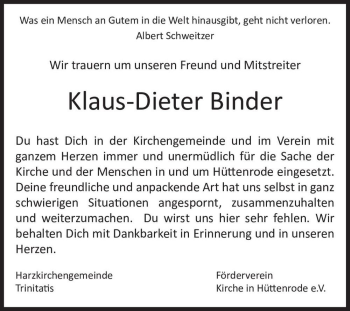 Traueranzeige von Klaus-Dieter Binder  von Magdeburger Volksstimme