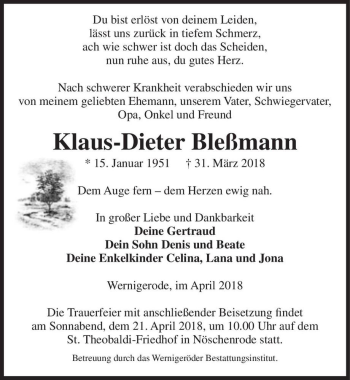 Traueranzeige von Klaus-Dieter Bleßmann  von Magdeburger Volksstimme