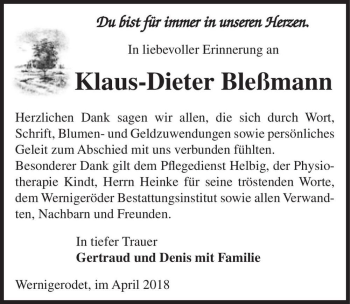 Traueranzeige von Klaus-Dieter Bleßmann  von Magdeburger Volksstimme