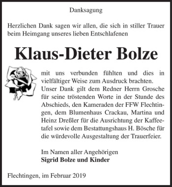 Traueranzeige von Klaus-Dieter Bolze  von Magdeburger Volksstimme