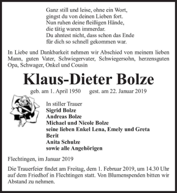 Traueranzeige von Klaus-Dieter Bolze  von Magdeburger Volksstimme