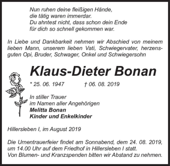 Traueranzeige von Klaus-Dieter Bonan  von Magdeburger Volksstimme