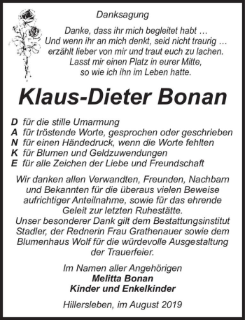 Traueranzeige von Klaus-Dieter Bonan  von Magdeburger Volksstimme