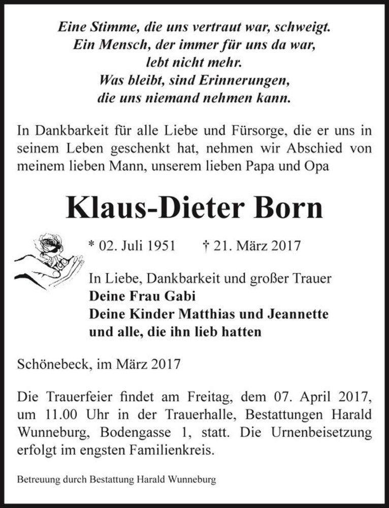  Traueranzeige für Klaus-Dieter Born  vom 25.03.2017 aus Magdeburger Volksstimme