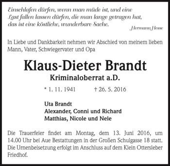 Traueranzeige von Klaus-Dieter Brandt  von Magdeburger Volksstimme