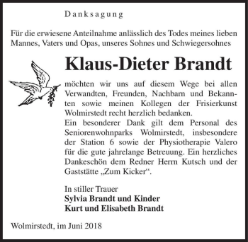 Traueranzeige von Klaus-Dieter Brandt  von Magdeburger Volksstimme
