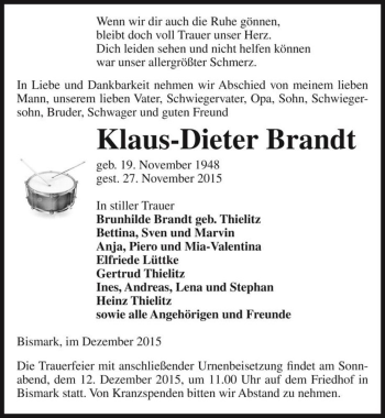 Traueranzeige von Klaus-Dieter Brandt  von Magdeburger Volksstimme