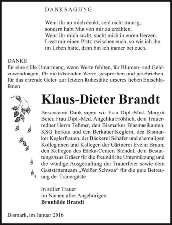 Traueranzeige von Klaus-Dieter Brandt  von Magdeburger Volksstimme