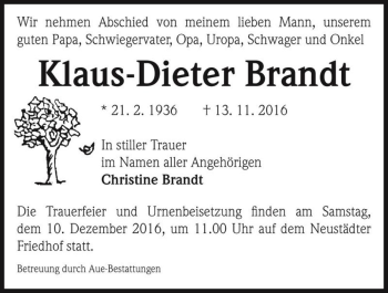 Traueranzeige von Klaus-Dieter Brandt  von Magdeburger Volksstimme