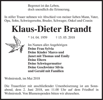 Traueranzeige von Klaus-Dieter Brandt  von Magdeburger Volksstimme