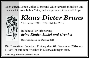Traueranzeige von Klaus-Dieter Bruns  von Magdeburger Volksstimme