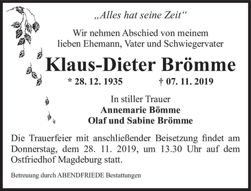  Traueranzeige für Klaus-Dieter Brömme  vom 16.11.2019 aus Magdeburger Volksstimme