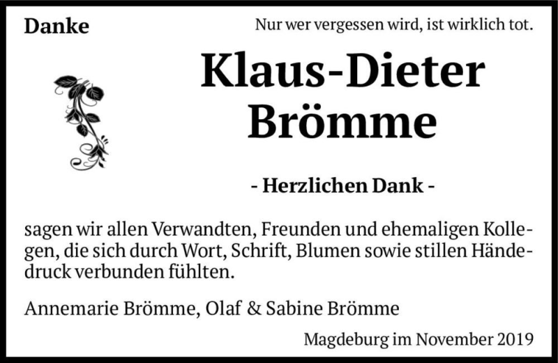 Traueranzeige für Klaus-Dieter Brömme  vom 07.12.2019 aus Magdeburger Volksstimme