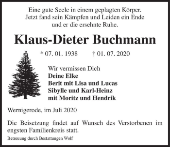 Traueranzeige von Klaus-Dieter Buchmann  von Magdeburger Volksstimme